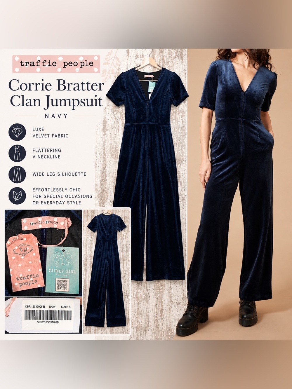 Traffic People Corrie Bratter Clan Velvet Jumpsuit Navy Womenโs Size Small NWT